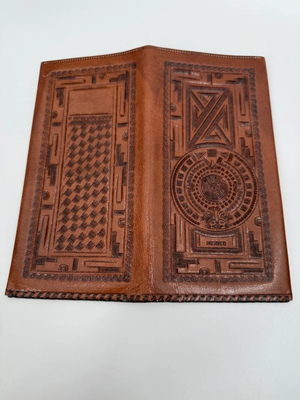 Wallet Vintage CASA ARVE Mexico Tooled Leather Wallet, Aztec Calendar Design
